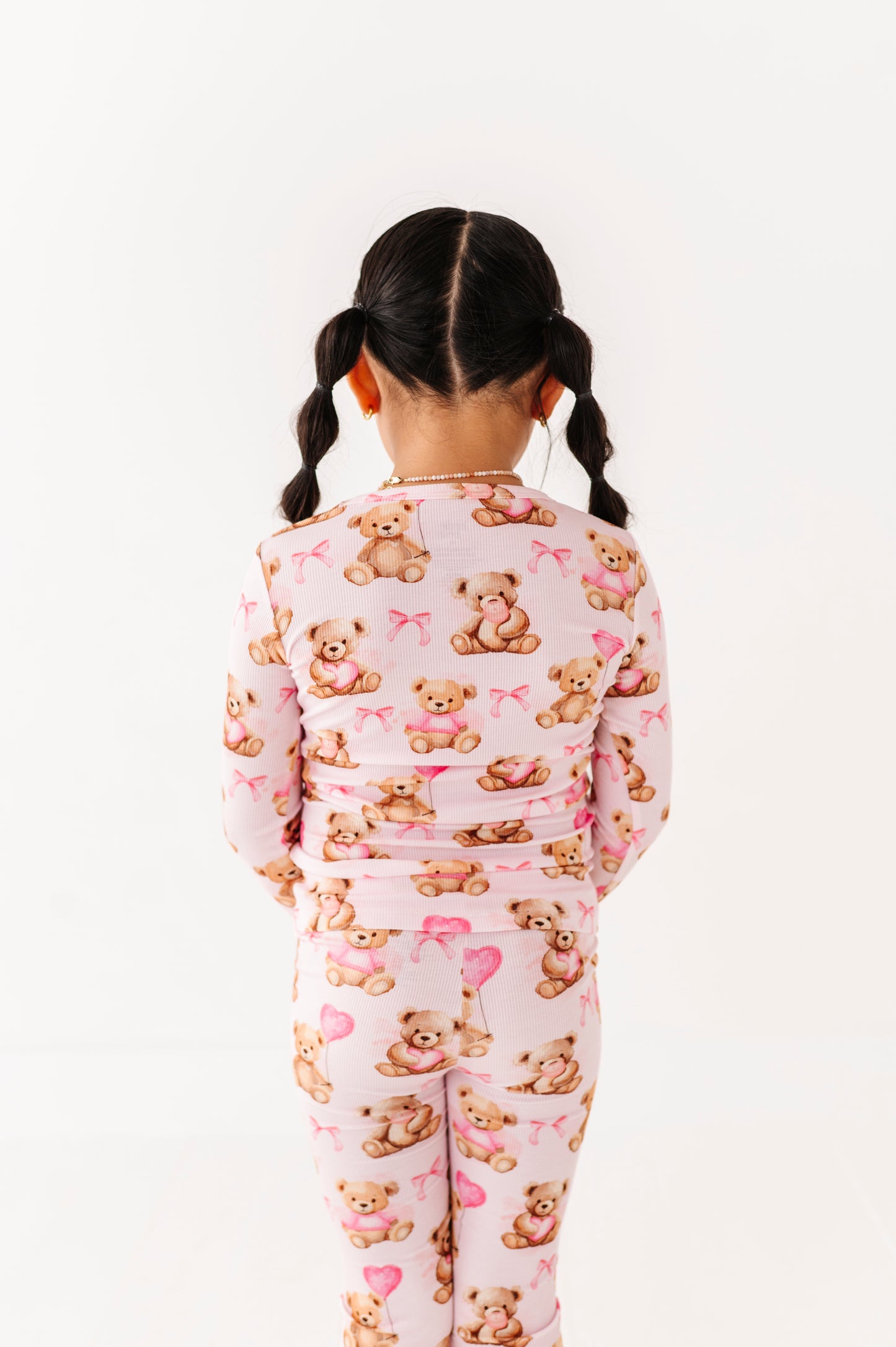 Detail shot of ribbed bamboo fabric on Pink Beary Sweet two-piece pajama set