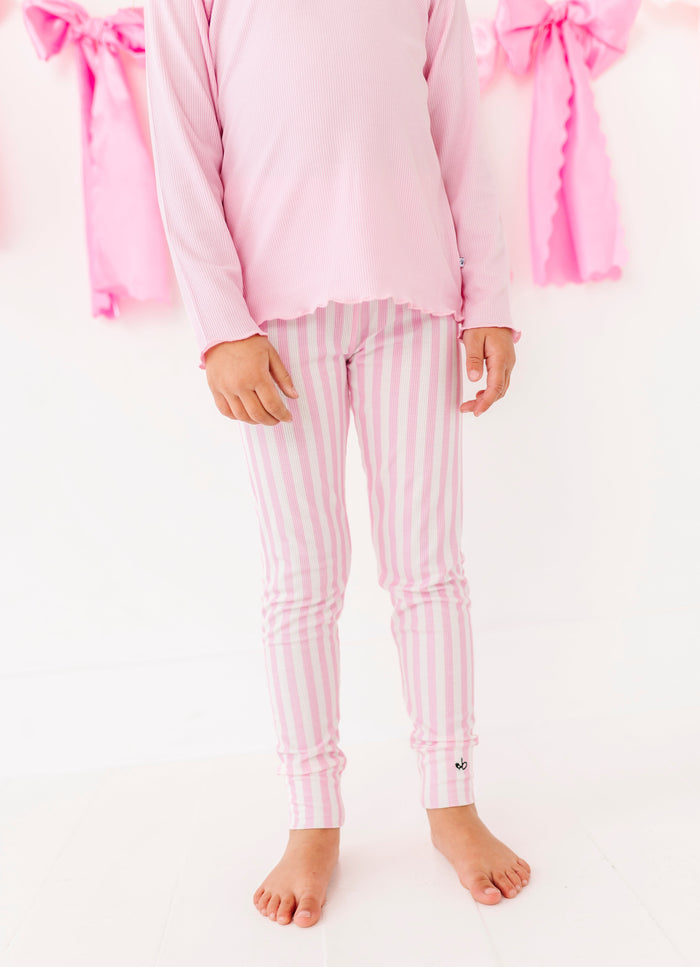 Pink stripe ribbed bamboo leggings for kids with soft stretch fit
