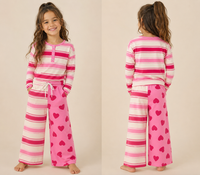 A young girl modeling a two-piece pajama set in a side-by-side front and back view. The set features a long-sleeve henley top with pink, magenta, and cream horizontal stripes, paired with matching wide-leg pants that are pink with dark pink hearts on one leg and solid pink with lighter pink hearts on the other.