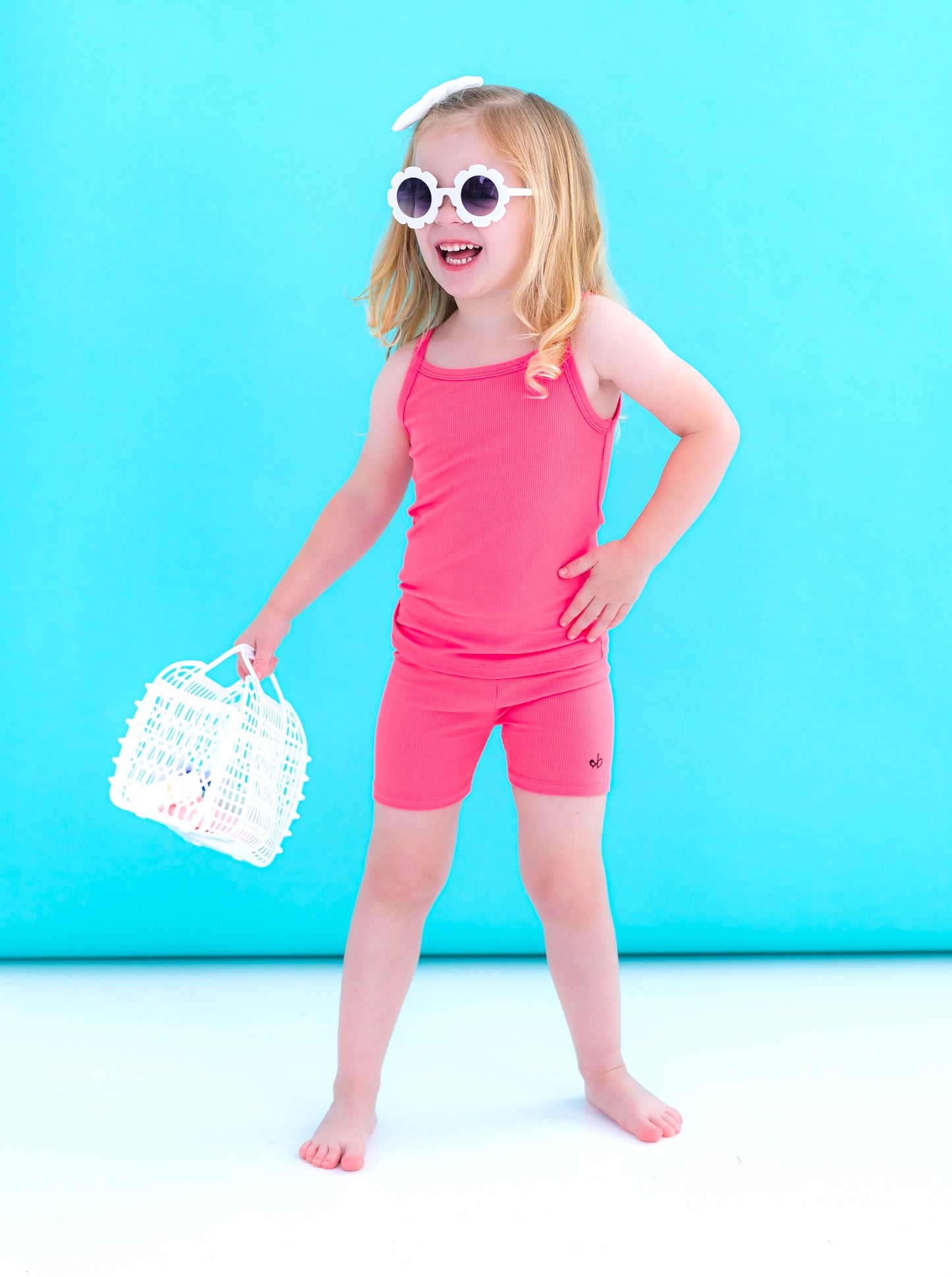 Kids pink ribbed bamboo tank top with soft stretch fabric