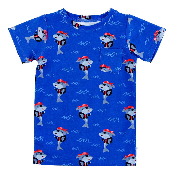 Sebastian bamboo cotton pocket t-shirt flat lay showing blue pirate shark print