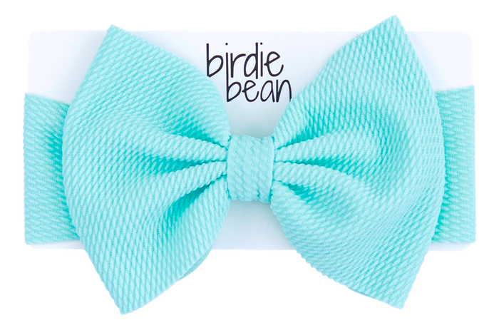 Sky blue bow with 'birdie bean' branding on a white background