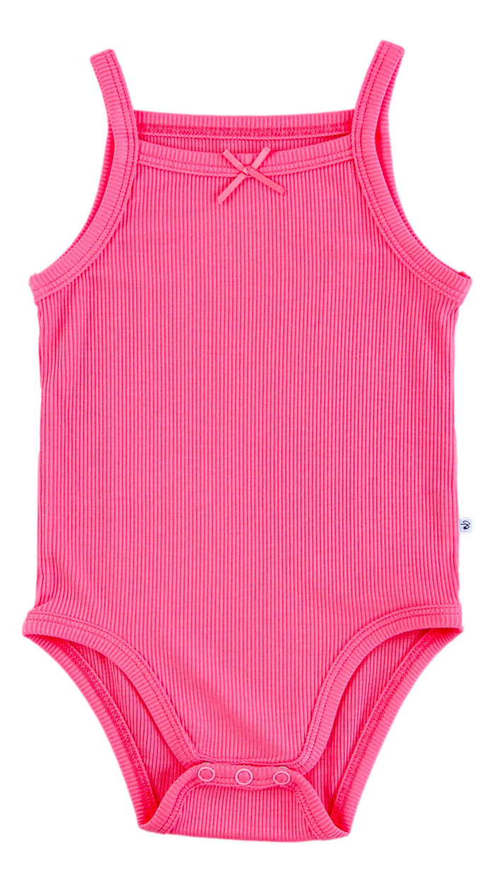 Pink ribbed baby bodysuit with thin straps on a white background
