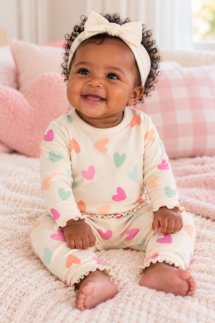 PREORDER: Doodle Hearts Lettuce Hem Bamboo Set - INFANT