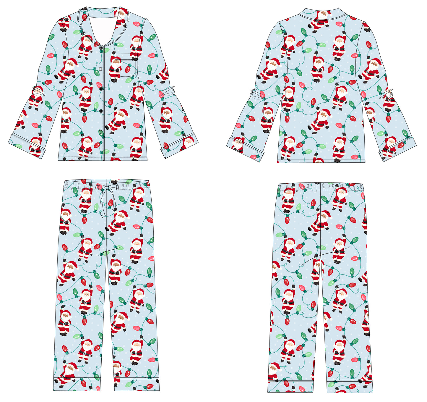 A four-view flat layout of a children's long-sleeve pajama set with an all-over Santa Claus and Christmas lights print on a pale blue background. The set includes a button-front top, a matching long-sleeve top shown from the back, and matching pants.