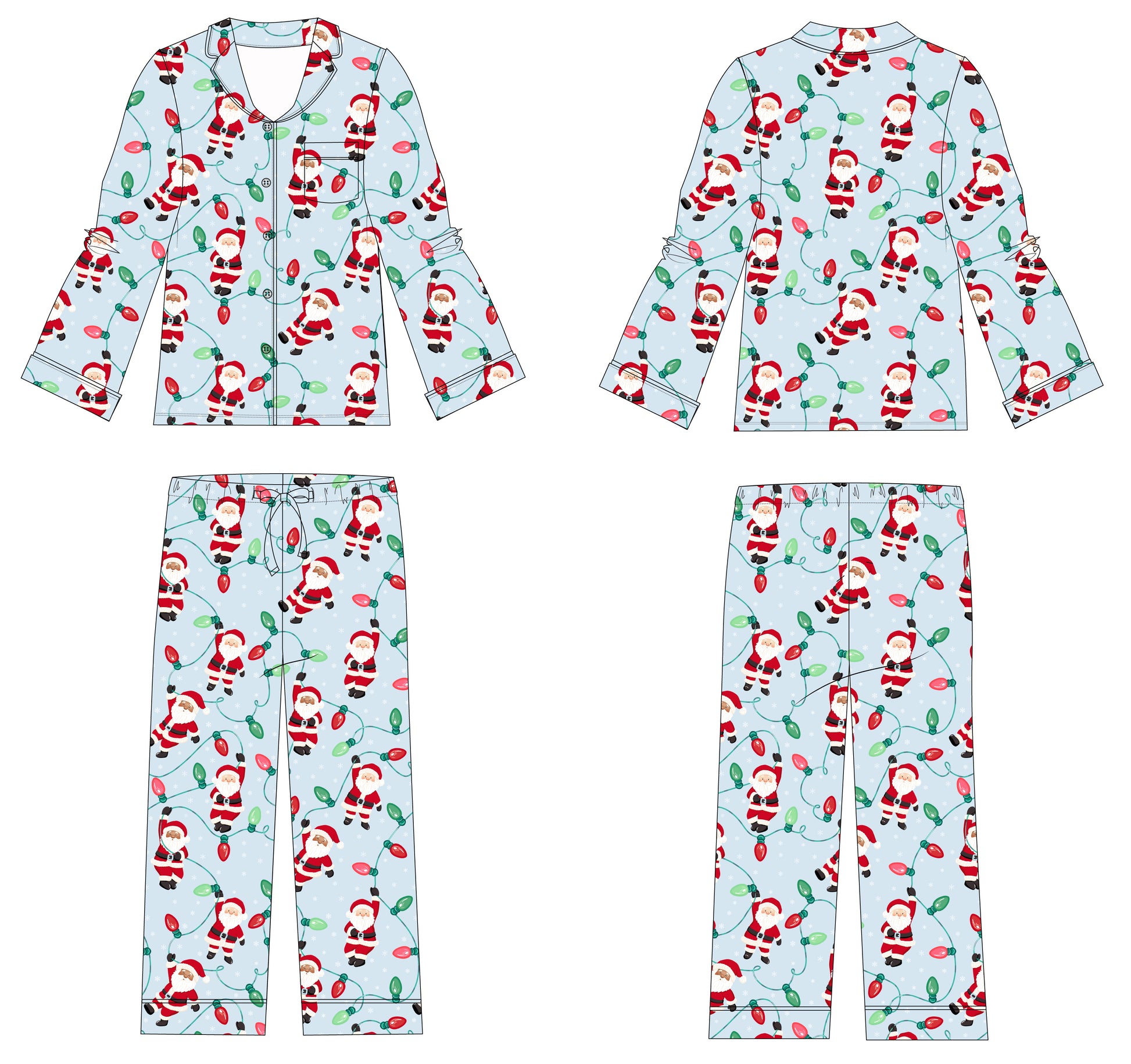 A four-view flat layout of a children's long-sleeve pajama set with an all-over Santa Claus and Christmas lights print on a pale blue background. The set includes a button-front top, a matching long-sleeve top shown from the back, and matching pants.