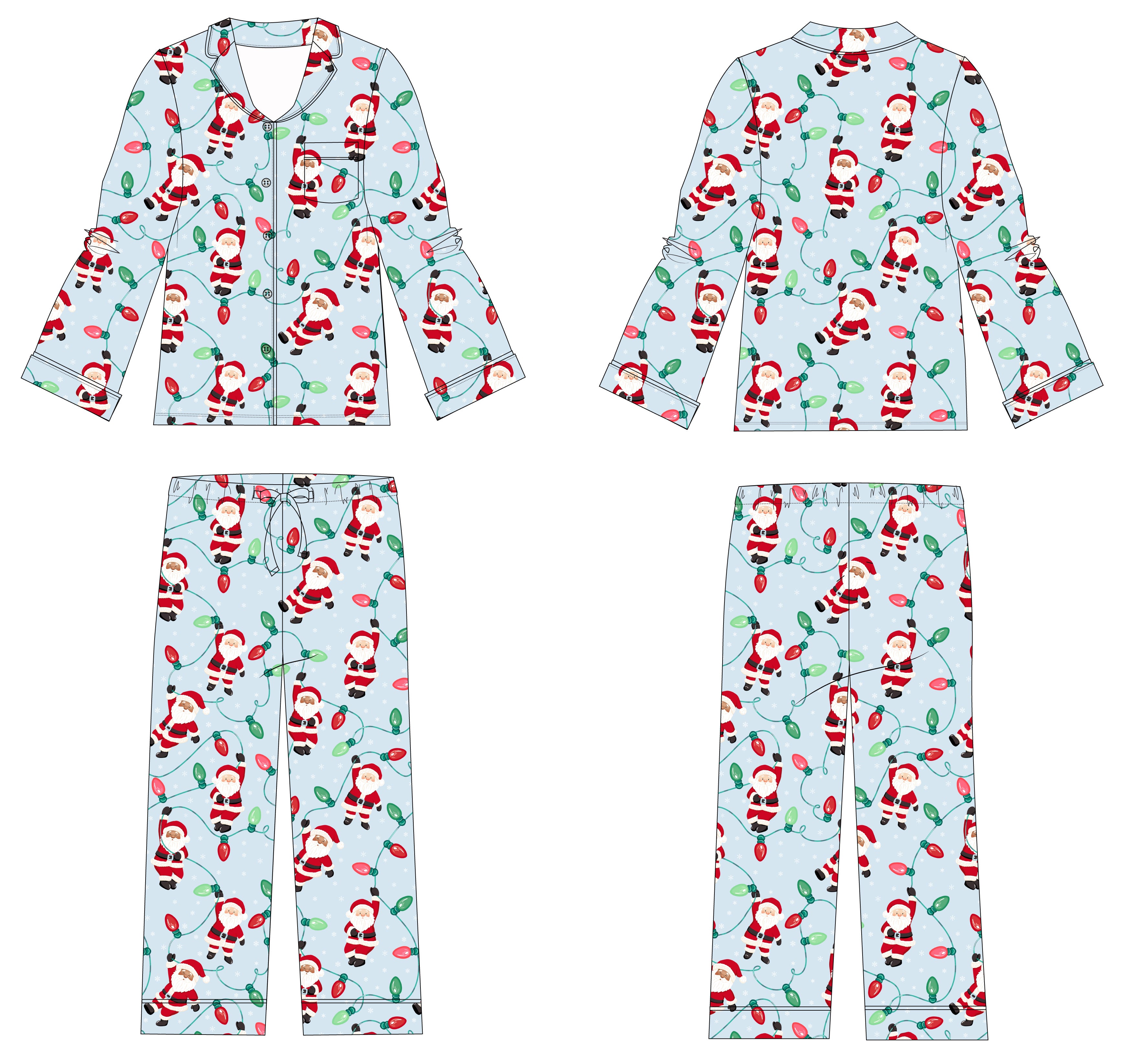 A four-view flat layout of a children's long-sleeve pajama set with an all-over Santa Claus and Christmas lights print on a pale blue background. The set includes a button-front top, a matching long-sleeve top shown from the back, and matching pants.