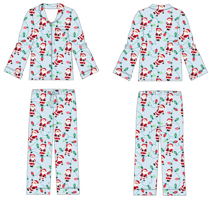 A four-view flat layout of a children's long-sleeve pajama set with an all-over Santa Claus and Christmas lights print on a pale blue background. The set includes a button-front top, a matching long-sleeve top shown from the back, and matching pants.