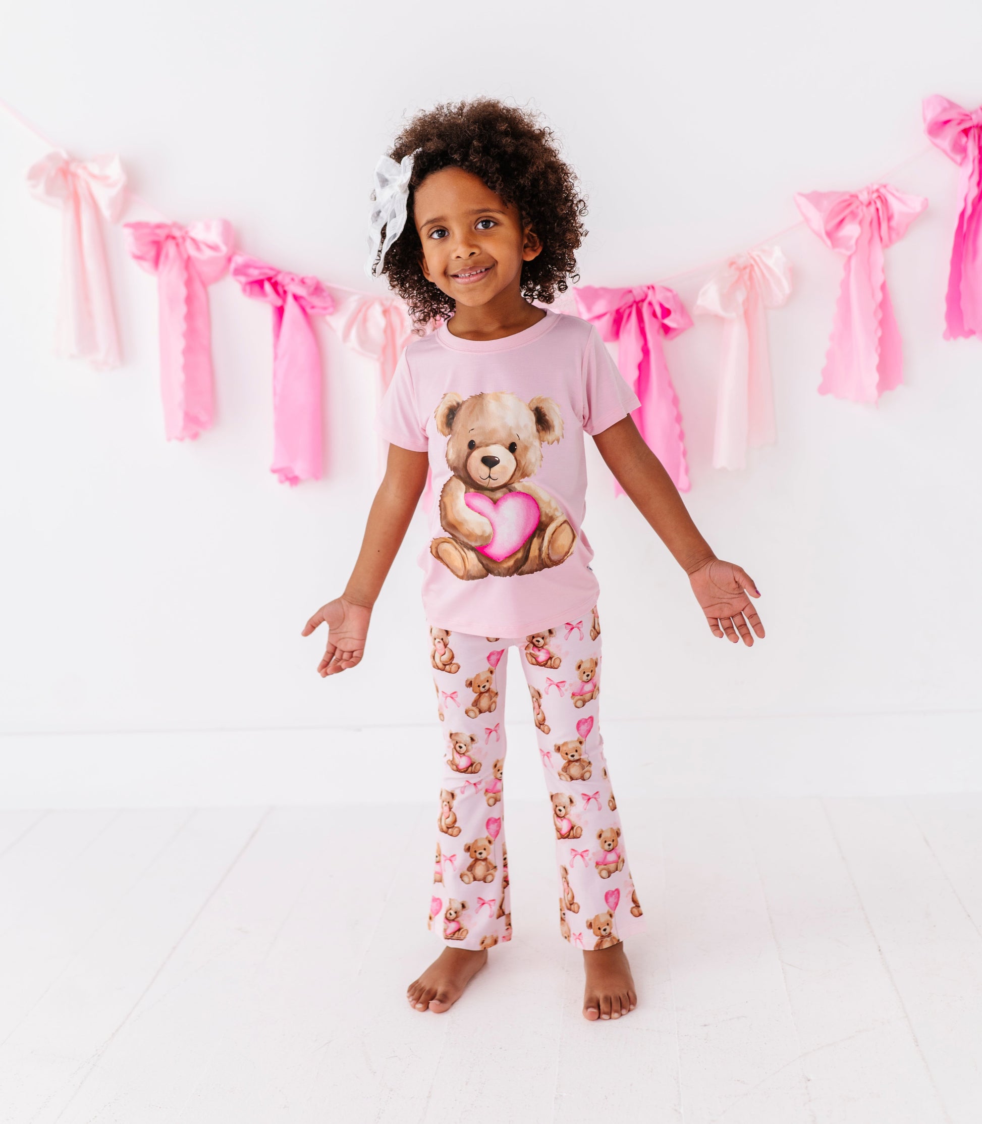 Toddler wearing soft bamboo cotton Valentine pants by Birdie Bean