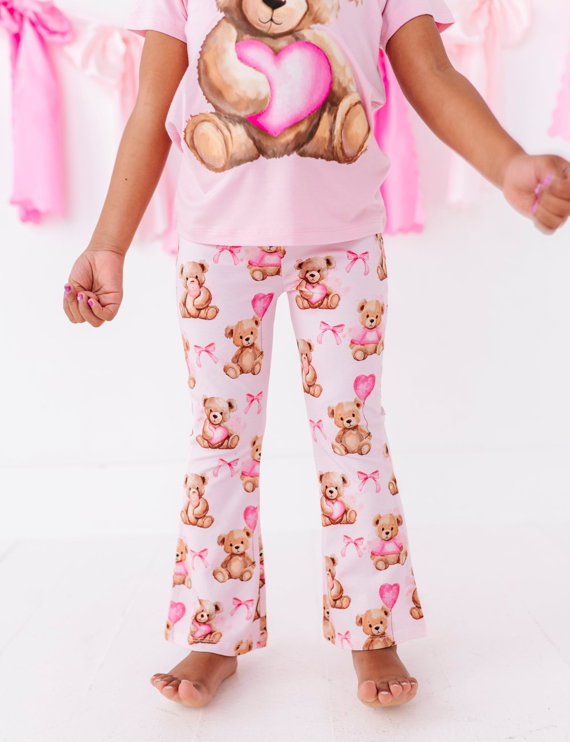 Close up of Beary Sweet bamboo cotton pants showing teddy bear print detail