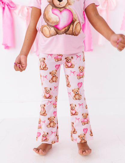 Close up of Beary Sweet bamboo cotton pants showing teddy bear print detail