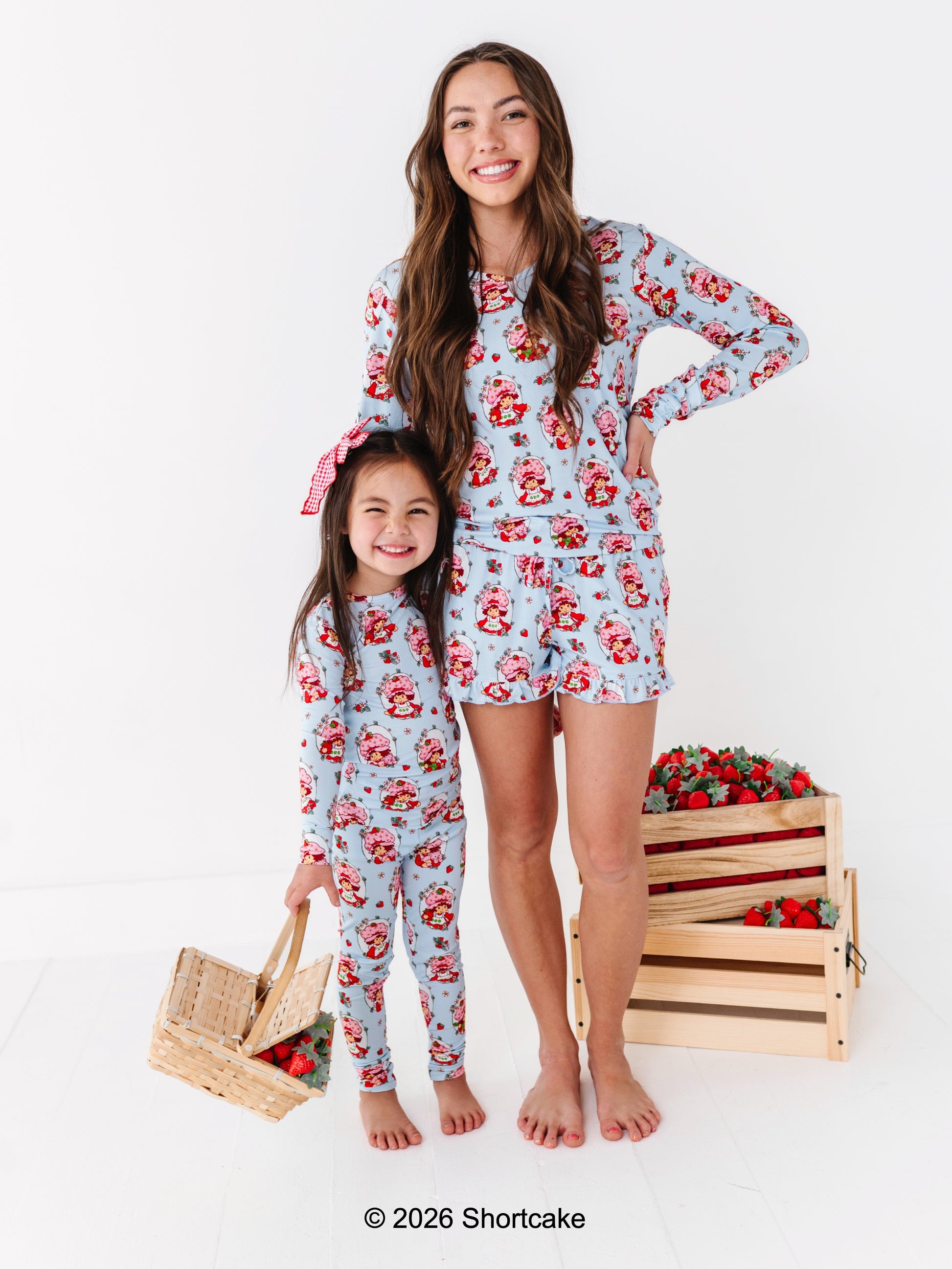 Mother and daughter wearing matching Strawberry Shortcake™ bamboo pajamas 