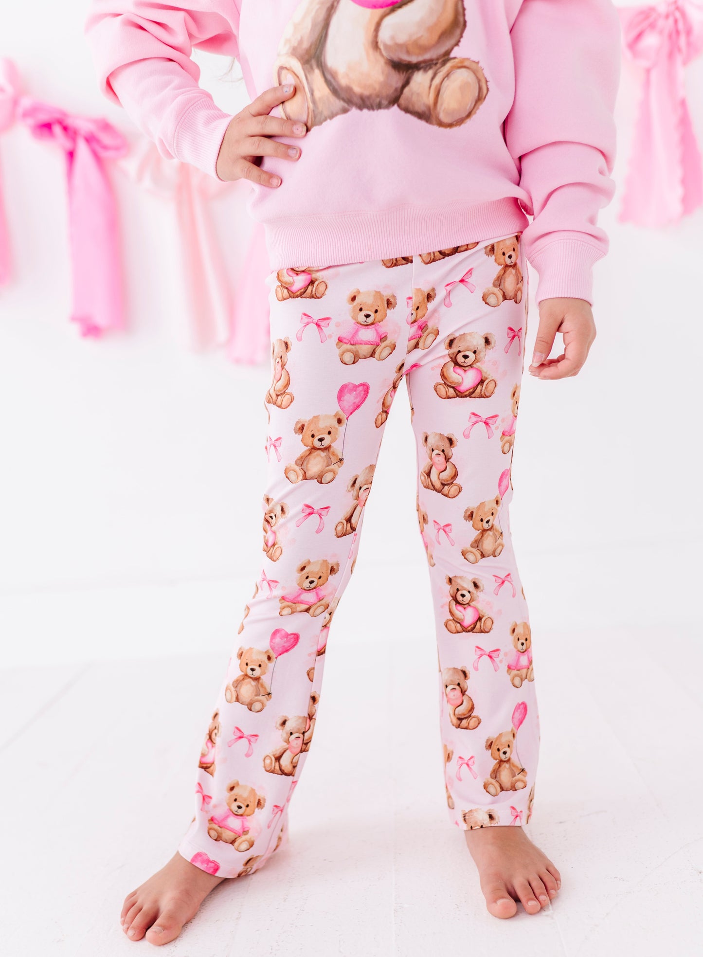 Child wearing Beary Sweet bamboo cotton pants with teddy bear Valentine print