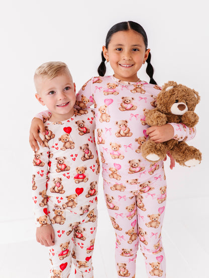 Matching Beary Sweet bamboo pajamas for siblings with teddy bear print