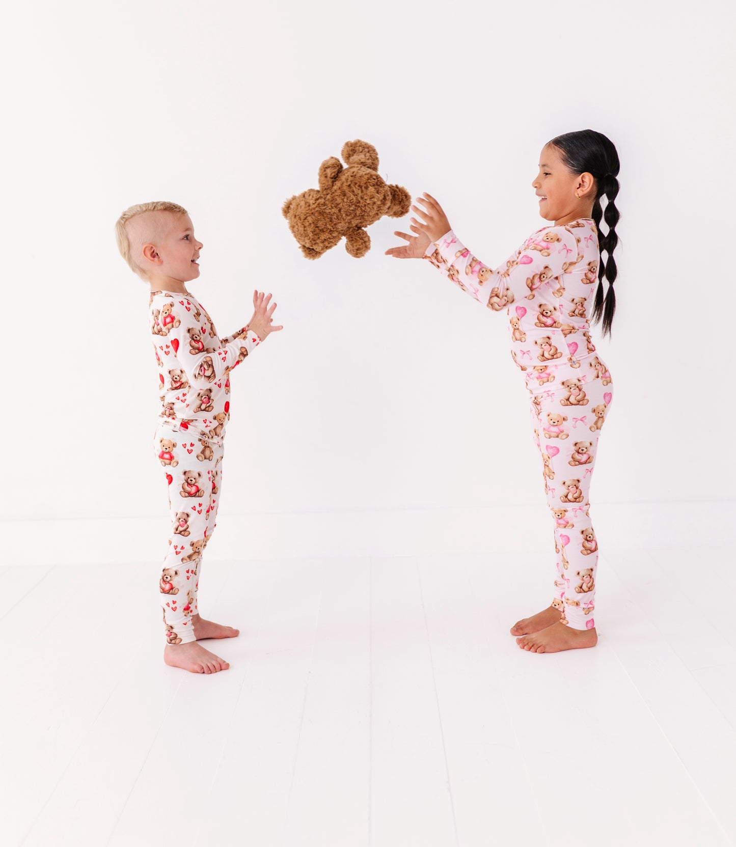 Full outfit view of Beary Sweet bamboo pajamas for kids with snug ribbed fit