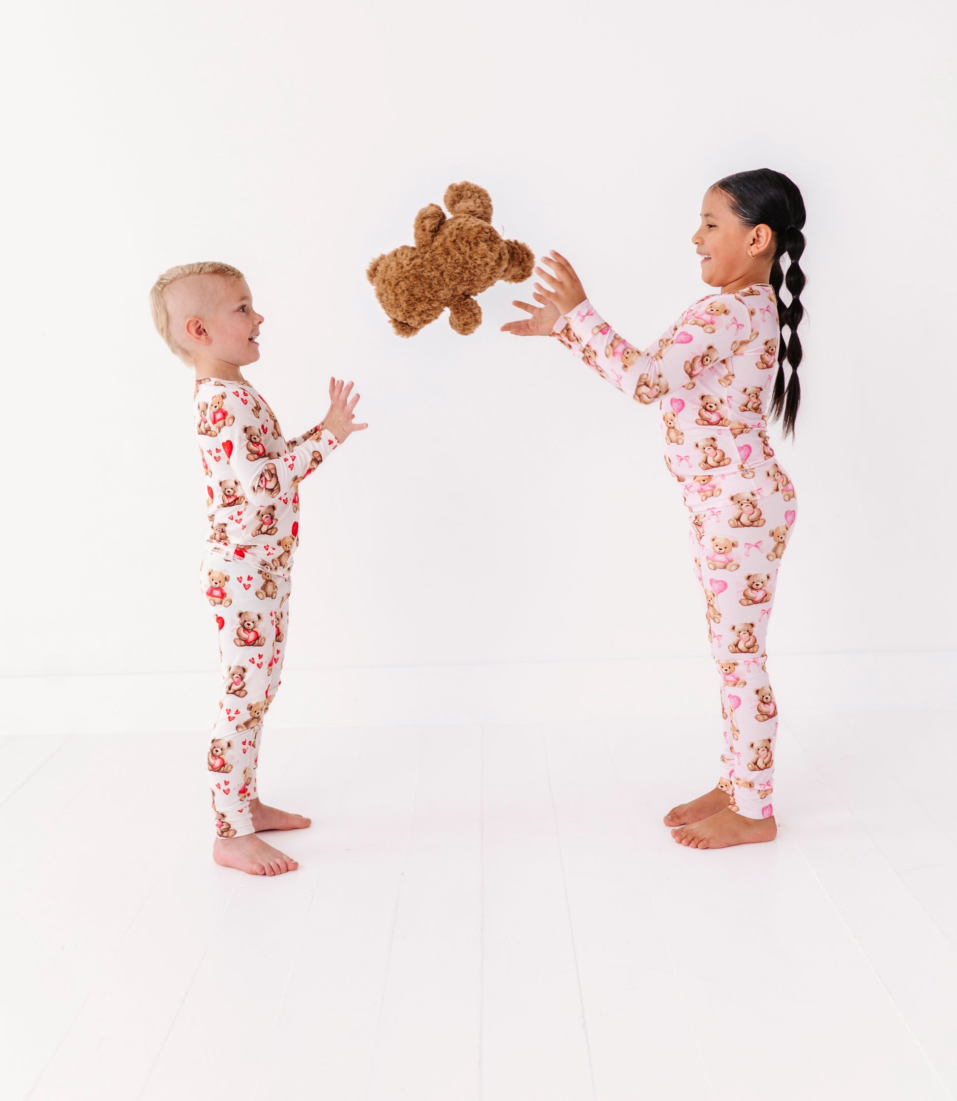 Full outfit view of Beary Sweet bamboo pajamas for kids with snug ribbed fit