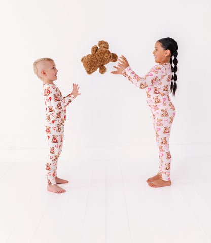 Full outfit view of Beary Sweet bamboo pajamas for kids with snug ribbed fit