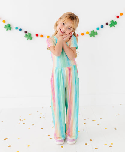 Rainbow stripe jumpsuit for kids made from soft bamboo fabric, full outfit view