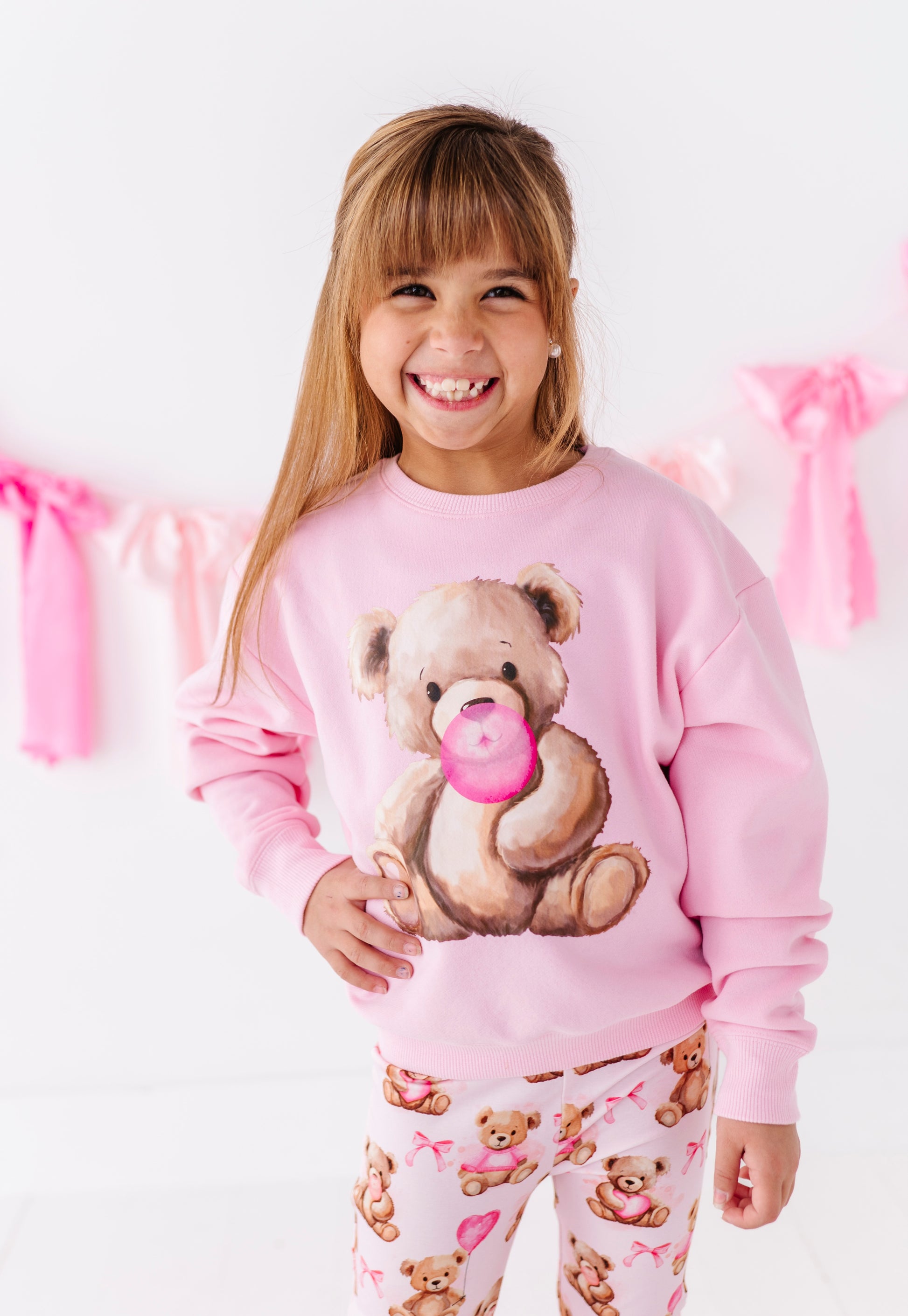Beary Sweet Bubblegum crewneck sweatshirt styled with matching teddy print pants