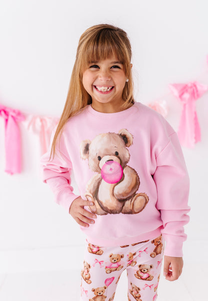 Beary Sweet Bubblegum crewneck sweatshirt styled with matching teddy print pants