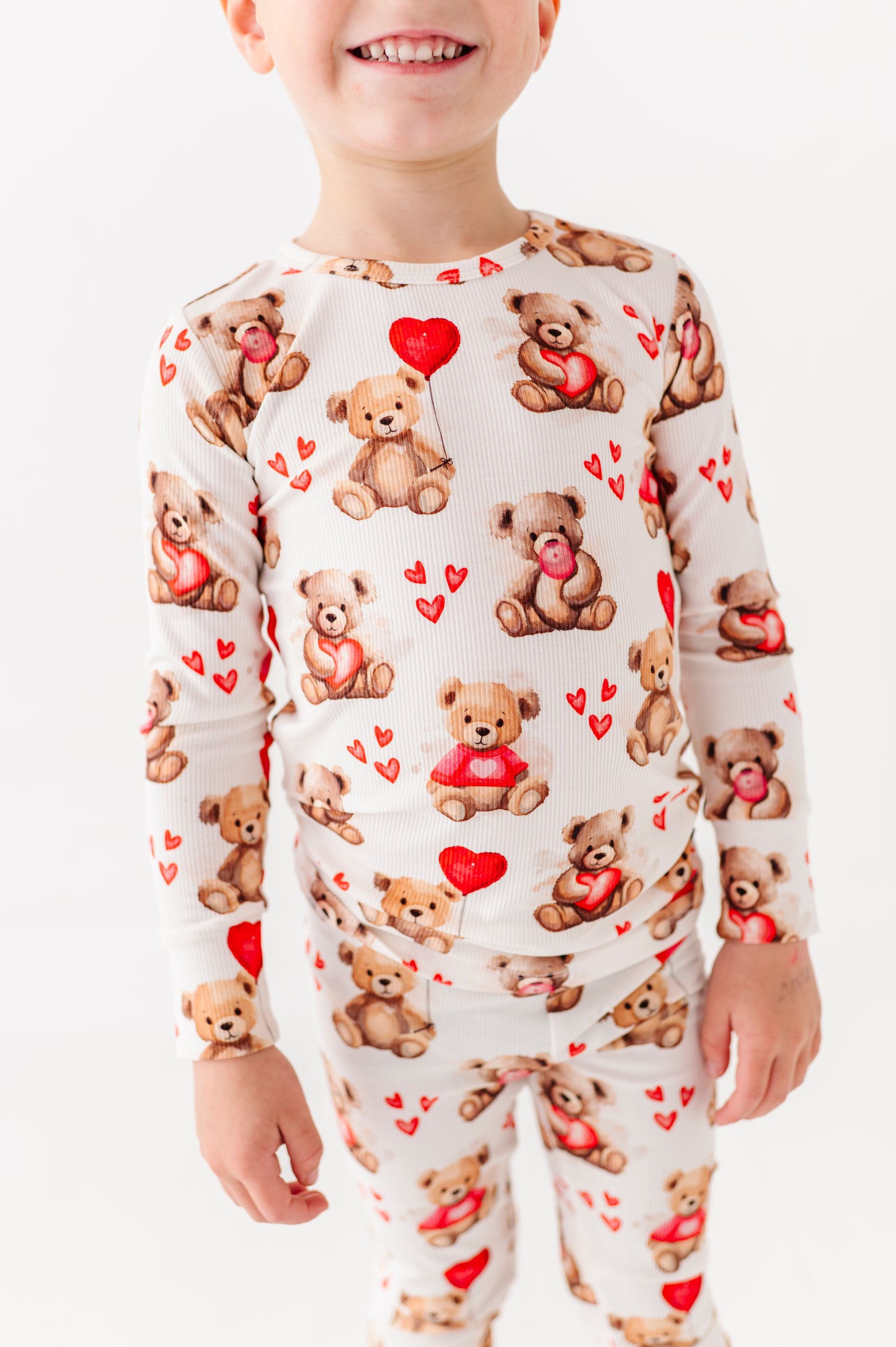 Close-up of Beary Sweet ribbed bamboo pajama top with teddy bear Valentine design