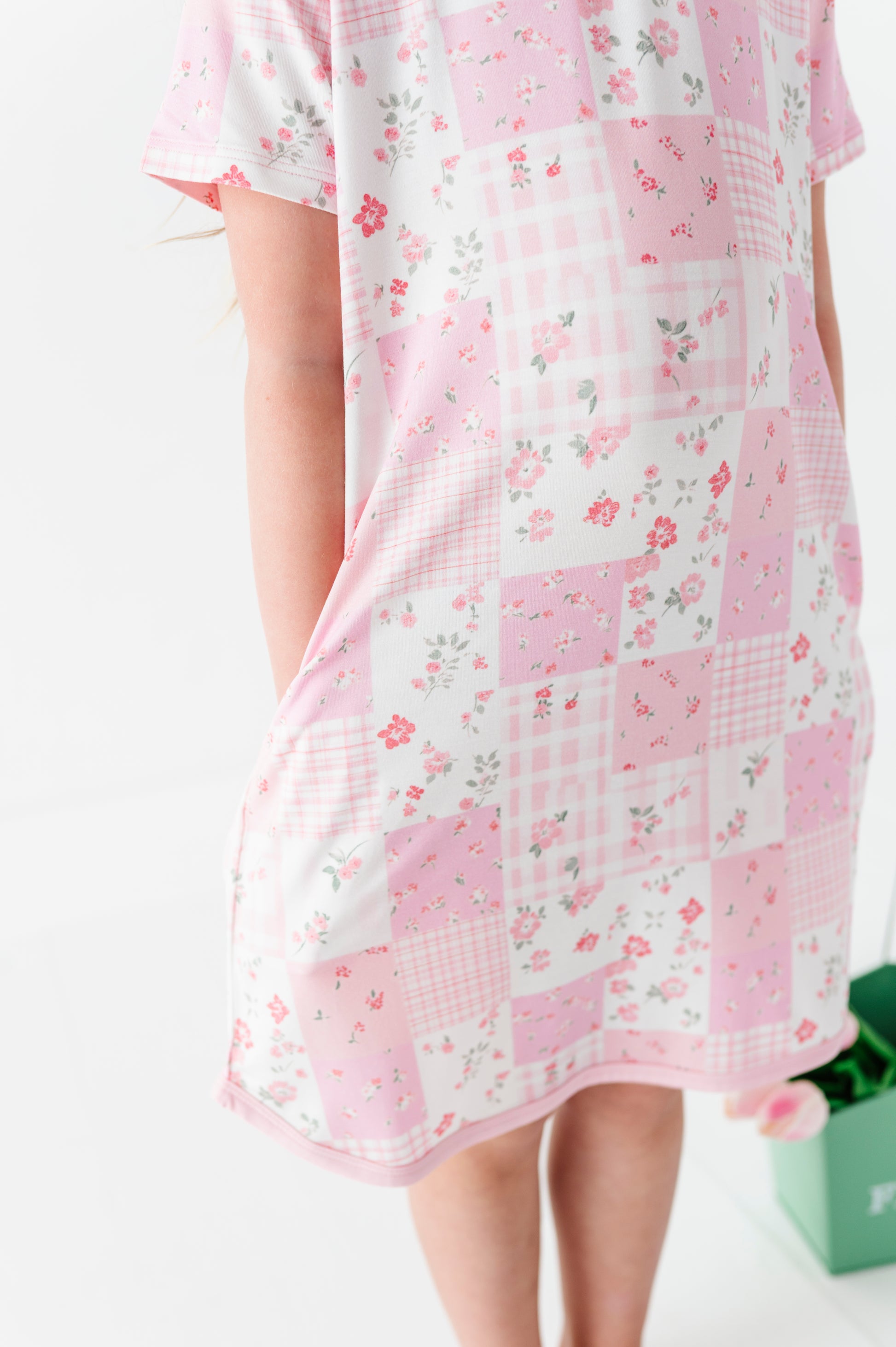 Pink floral and checkered bamboo nightgown on a white background