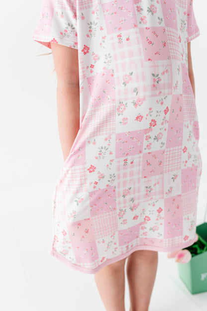 Pink floral and checkered bamboo nightgown on a white background