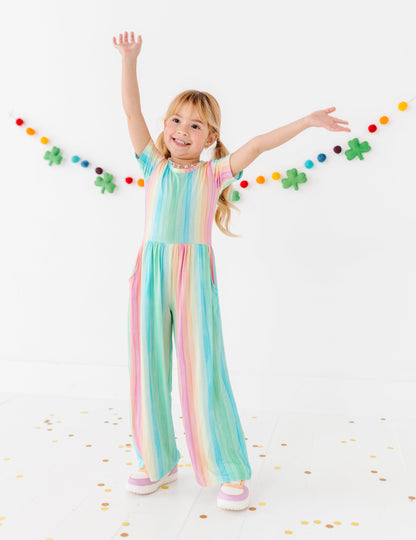 Rainbow stripe jumpsuit for toddlers with lightweight bamboo fabric and playful colors