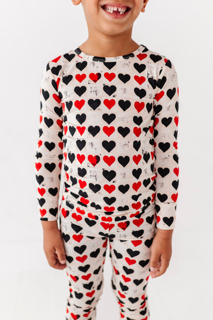 Close-up of King of Hearts bamboo pajamas showing ribbed fabric and heart pattern