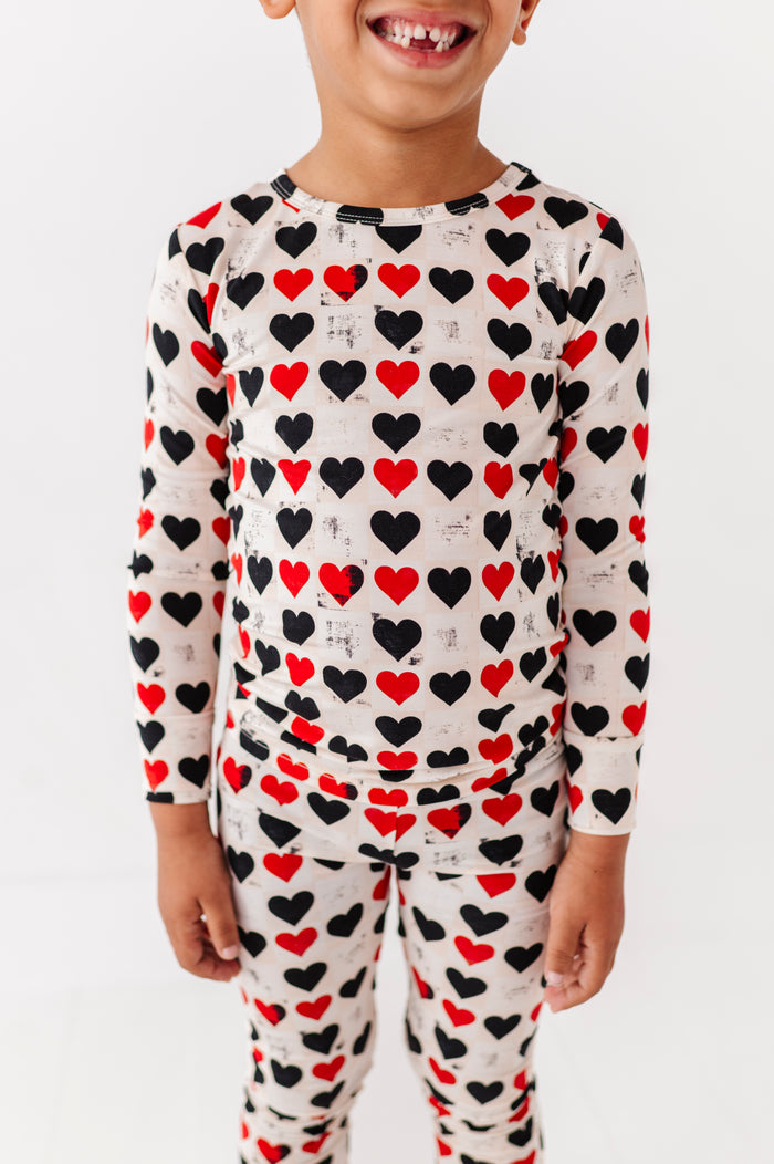 Close-up of King of Hearts bamboo pajamas showing ribbed fabric and heart pattern