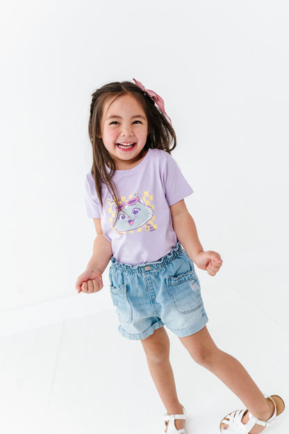 Child wearing an officially licensed 44 Cats t-shirt and denim shorts on a white background
