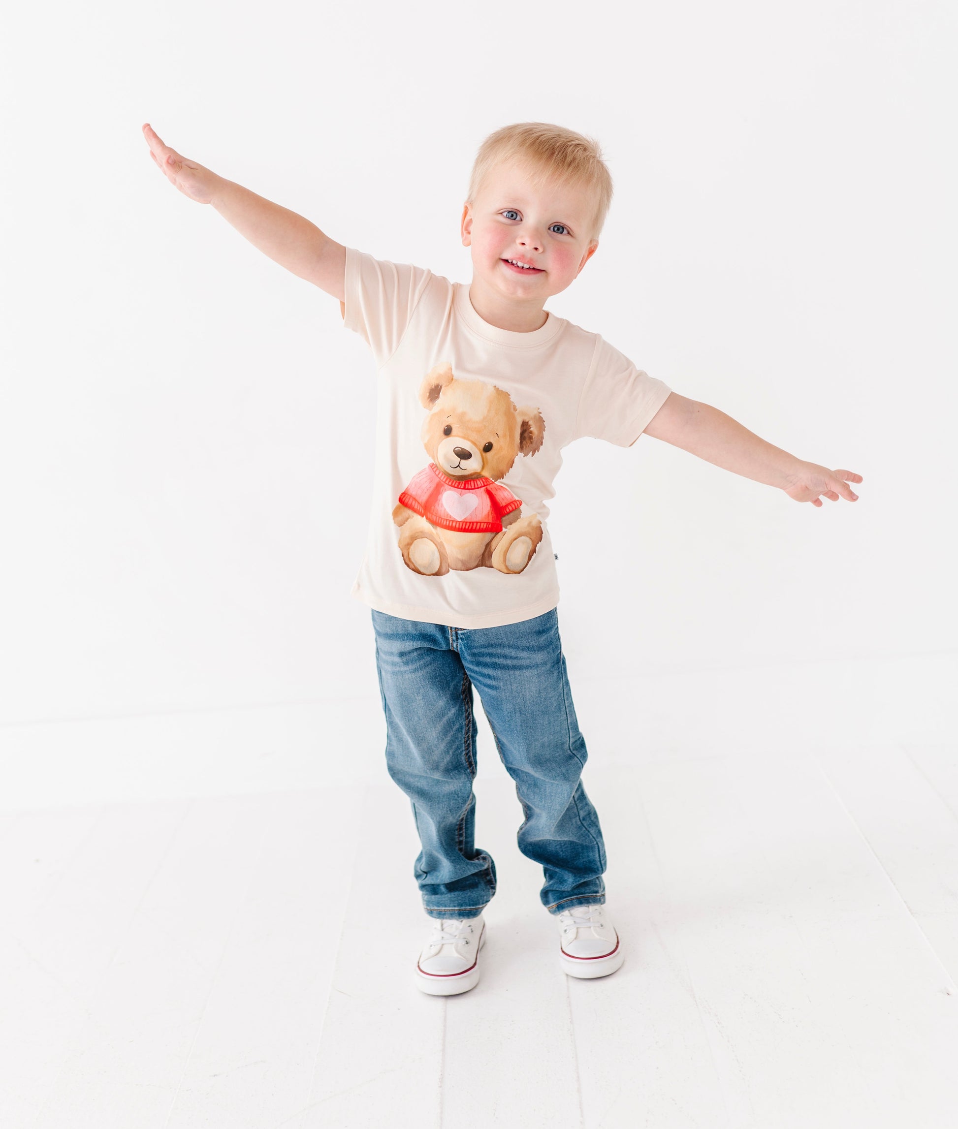 Front view of Beary Sweet graphic t-shirt paired with jeans
