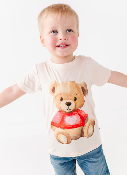 Toddler wearing Beary Sweet bamboo graphic t-shirt with teddy bear heart design