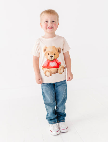 Valentine-themed teddy bear graphic tee for toddlers and kids