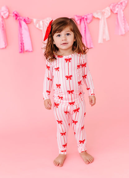 Ruby Ribbons bamboo pajama set showing snug fit and long sleeve top