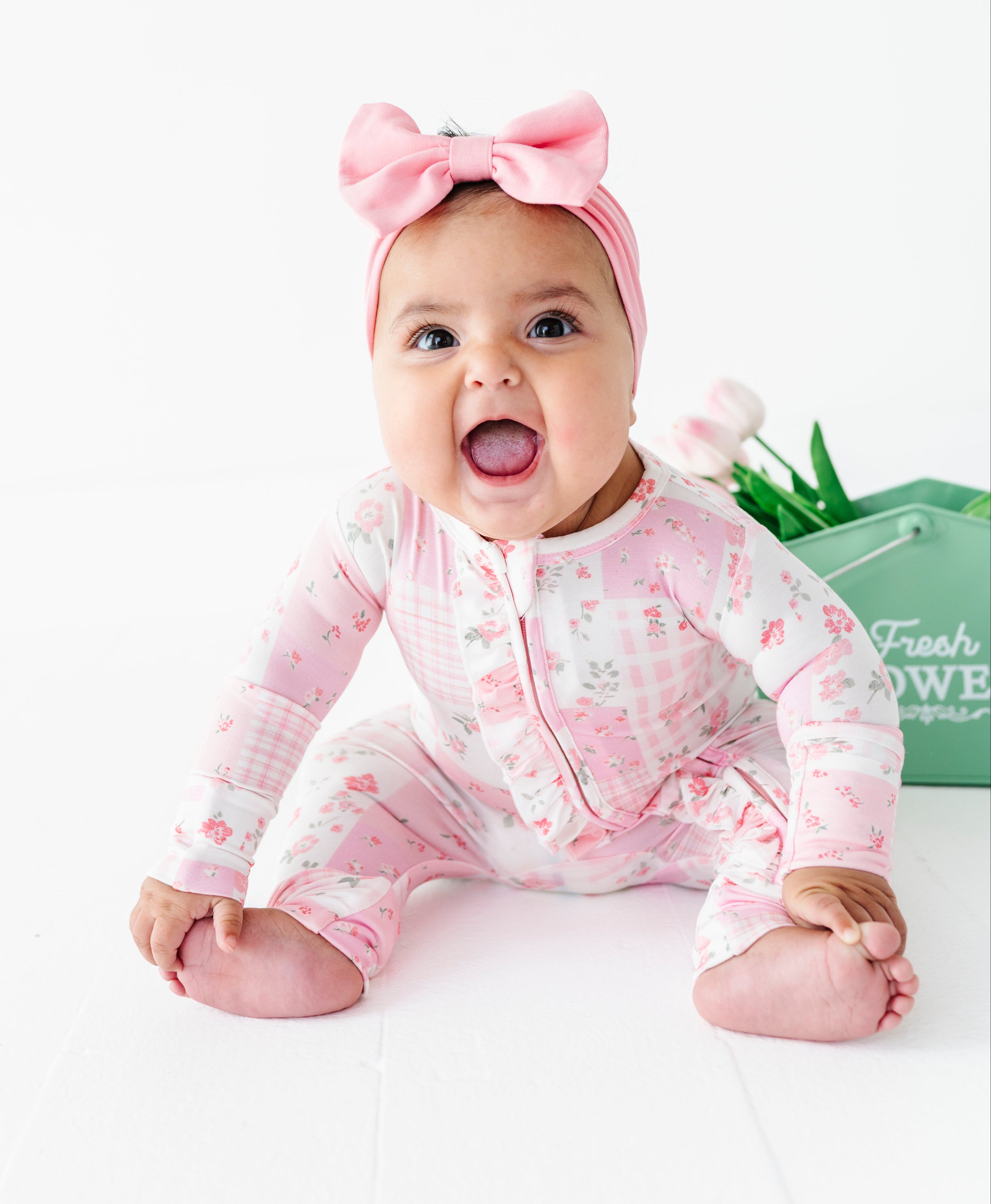 Pink Patchwork Ruffle Convertible Romper | Bamboo Baby Romper