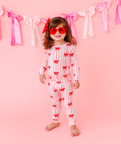 Ruby Ribbons bamboo pajama set showing snug fit and long sleeve top