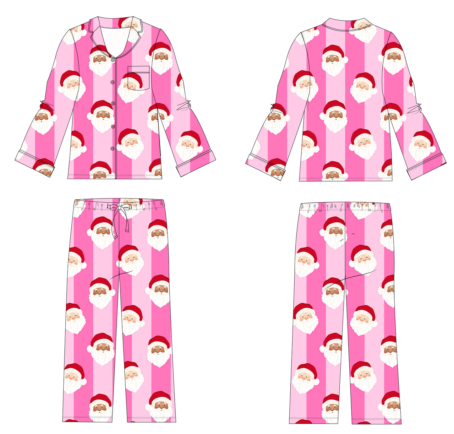 A flat technical drawing showing four views of a pink set with a repeating Santa Claus face print, including front and back top and front and back pants on a white background.