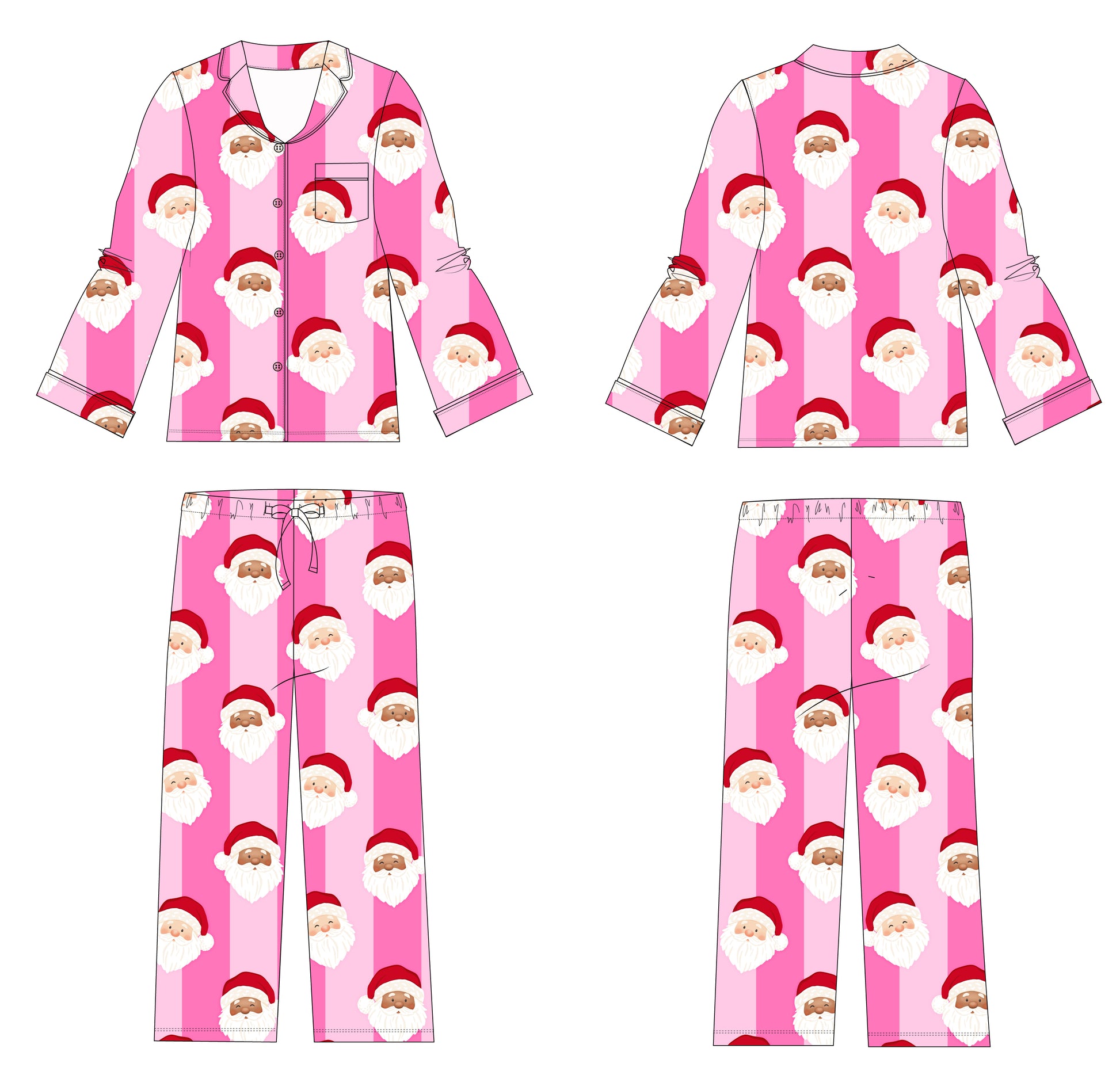 A flat technical drawing showing four views of a pink set with a repeating Santa Claus face print, including front and back top and front and back pants on a white background.