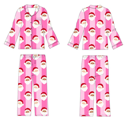 A flat technical drawing showing four views of a pink set with a repeating Santa Claus face print, including front and back top and front and back pants on a white background.