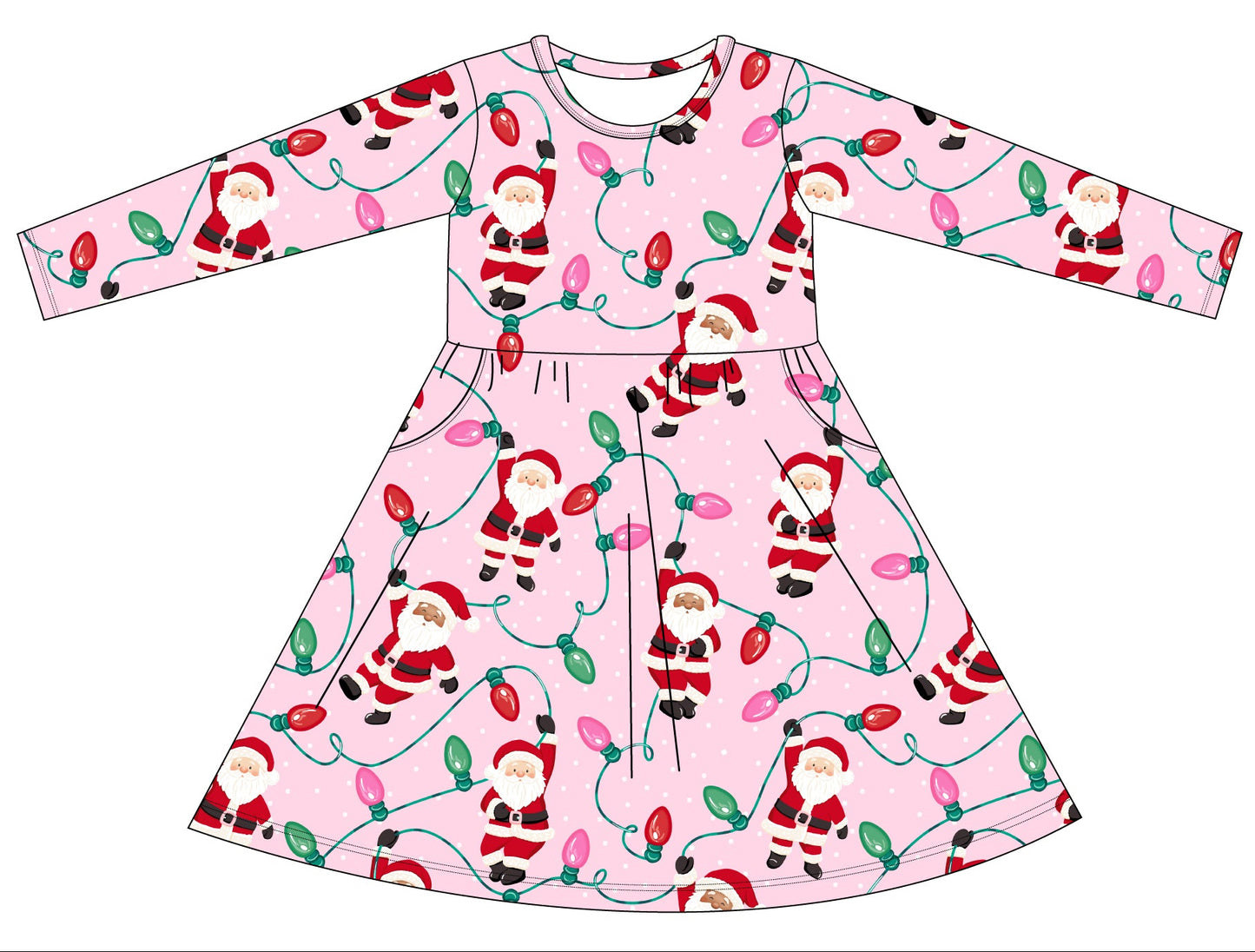 A flat-lay vector illustration showing the front and back views of a long-sleeve children's dress. The dress has a light pink background with a festive Christmas print featuring Santa Claus, reindeer, and glowing holiday lights.