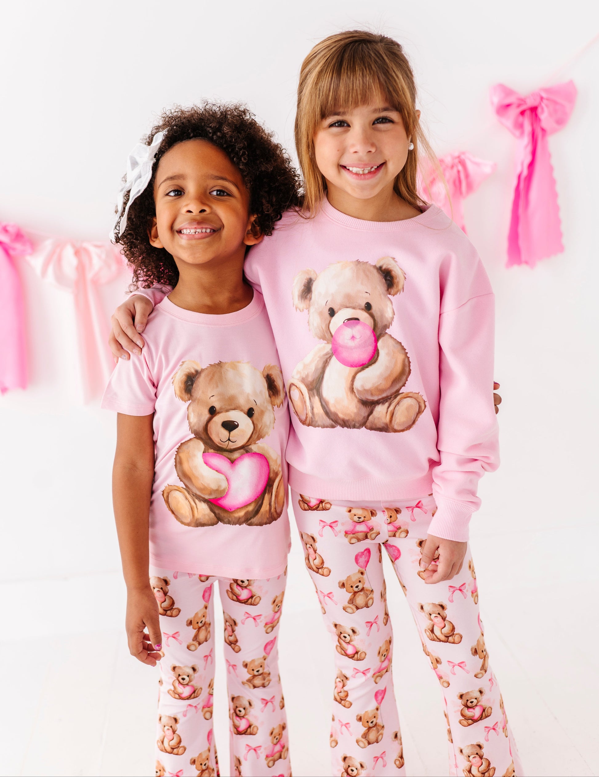 Breathable bamboo cotton kids pants in pink with Valentine teddy print