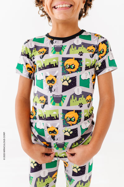Miraculous™ Chibi 2-Piece Pajamas : CAT NOIR - SHORT SLEEVE - SHIPS WITHIN 2 WEEKS