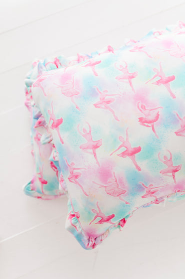 Ballerina patterned bamboo fabric with pink and blue colors on a white background