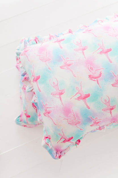 Ballerina patterned bamboo fabric with pink and blue colors on a white background