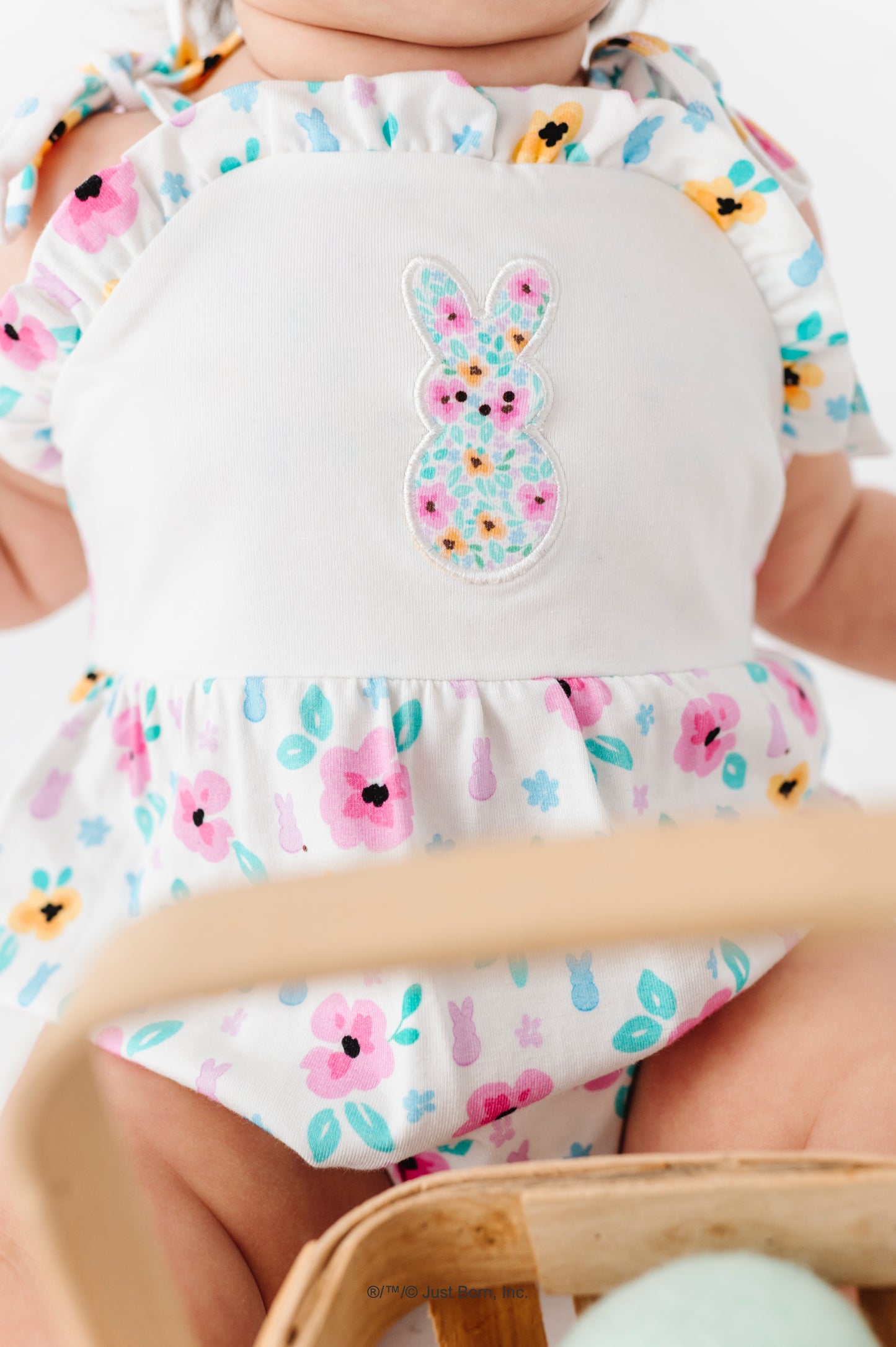 Children's PEEPS® outfit with floral pattern and bunny design on a white background