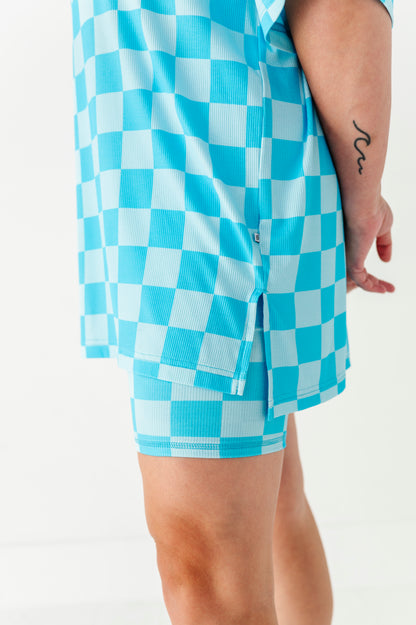 Blue Checker Women's Oversized Tee and Biker Set