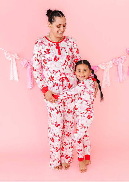 Mama and mini matching in Birdie Bean Blushing Bows bamboo pajamas