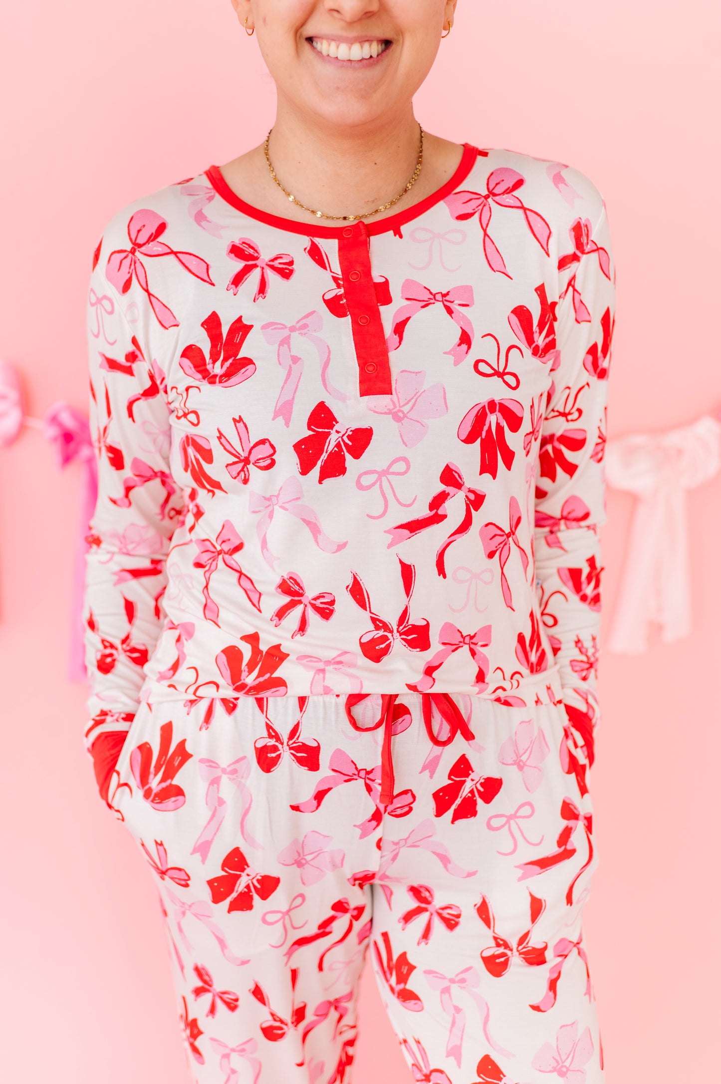 Cozy women’s bamboo viscose pajama set in red and pink bow print