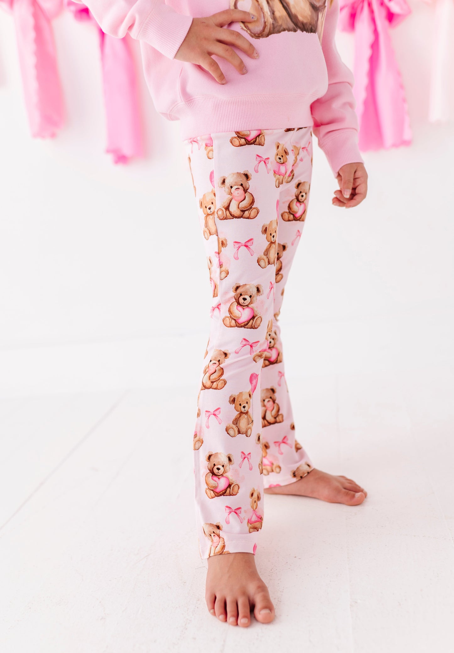 Close up of Beary Sweet bamboo cotton pants showing teddy bear print detail